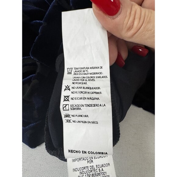 Chevignon Women M Navy Burnout Velvet Wrap Blouse Sheer Babydoll Boho Whimsigoth - Picture 6 of 9